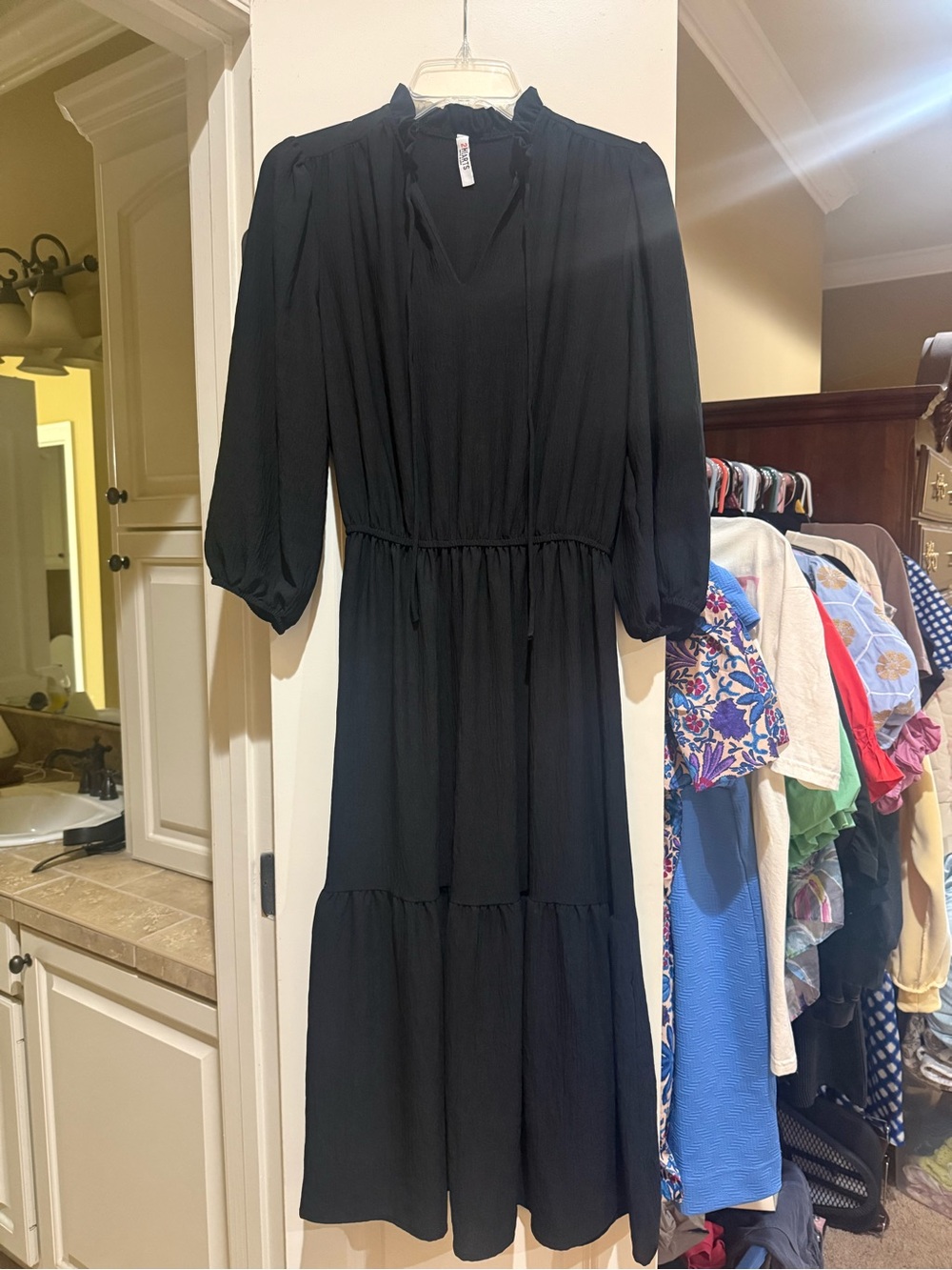 Black Long-Sleeve Tiered Maxi Dress with Smocked Waist